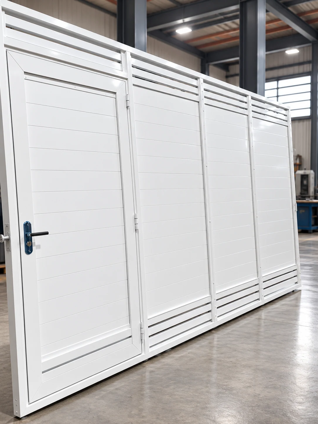 Portão metálico branco em ambiente de fabricação, registro do acervo Artefer
